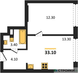 Планировка однокомнатной(квартира) площадью 33.1 квадратных метров в ЖК “ЖК Portland (Портланд)”
