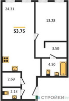 Планировка однокомнатной(апартаменты) площадью 53.75 квадратных метров в “ЖК Insider (Инсайдер)”