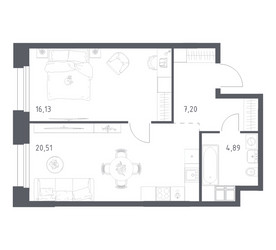 Планировка однокомнатной(апартаменты) площадью 48.73 квадратных метров в ЖК “ЖК Апарт-отель Тропарево парк”