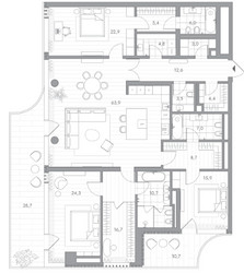 Планировка трехкомнатной(квартира) площадью 221.6 квадратных метров в ЖК “Клубный дом PHANTOM (Фантом)”