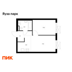 Планировка однокомнатной(квартира) площадью 34 квадратных метров в ЖК “ЖК Яуза Парк (Мытищи)”