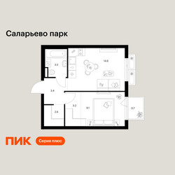Планировка однокомнатной(квартира) площадью 37.1 квадратных метров в ЖК “ЖК Саларьево парк”