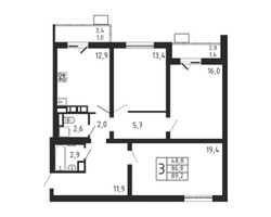 Планировка трехкомнатной(квартира) площадью 89.2 квадратных метров в “ЖК Пироговская Ривьера”