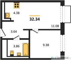 Планировка однокомнатной(квартира) площадью 32.34 квадратных метров в “ЖК Квартал Марьино”