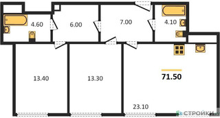 Планировка двухкомнатной(квартира) площадью 71.6 квадратных метров в “ЖК Воксхолл”