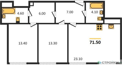 Планировка двухкомнатной(квартира) площадью 71.6 квадратных метров в ЖК “ЖК Воксхолл”