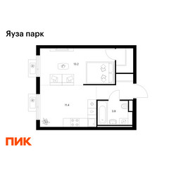 Планировка однокомнатной(квартира) площадью 33.9 квадратных метров в ЖК “ЖК Яуза Парк (Мытищи)”
