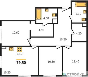 Планировка трехкомнатной(квартира) площадью 79.5 квадратных метров в ЖК “Жилые кварталы Белый Град”