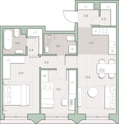 Планировка двухкомнатной(квартира) площадью 59.8 квадратных метров в ЖК “ЖК Среда на Лобачевского”