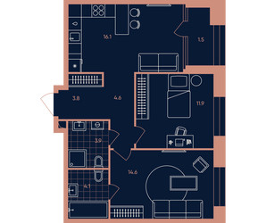 Планировка трехкомнатной(квартира) площадью 60.8 квадратных метров в ЖК “Квартал Эра”