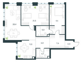 Планировка трехкомнатной(квартира) площадью 104.1 квадратных метров в “ЖК Левел Южнопортовая”