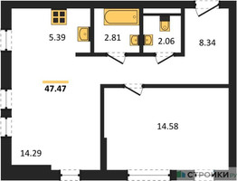 Планировка однокомнатной(квартира) площадью 47.47 квадратных метров в “ЖК Остафьево”