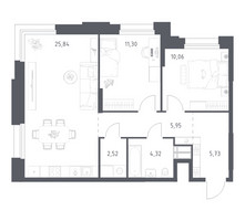 Планировка двухкомнатной(апартаменты) площадью 65.72 квадратных метров в “ЖК Апарт-отель Тропарево парк”