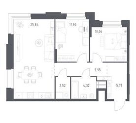 Планировка двухкомнатной(апартаменты) площадью 65.72 квадратных метров в ЖК “ЖК Апарт-отель Тропарево парк”