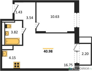 Планировка однокомнатной(квартира) площадью 40.98 квадратных метров в ЖК “ЖК Пятницкие луга”