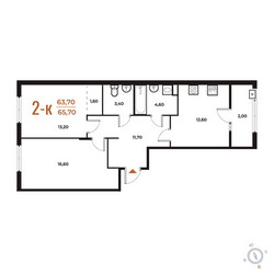 Планировка двухкомнатной(квартира) площадью 65.7 квадратных метров в ЖК “ЖК Новое Летово”