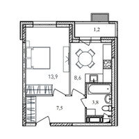 Планировка однокомнатной(квартира) площадью 35 квадратных метров в “ЖК Квартал Светлый”