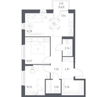 Планировка двухкомнатной(квартира) площадью 62.74 квадратных метров в “ЖК Новое Внуково”