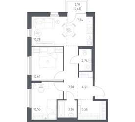 Планировка двухкомнатной(квартира) площадью 62.74 квадратных метров в ЖК “ЖК Новое Внуково”