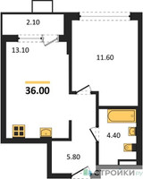 Планировка однокомнатной(квартира) площадью 36 квадратных метров в “ЖК Деснаречье”