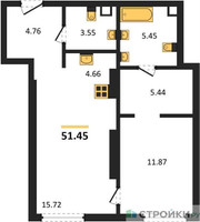 Планировка однокомнатной(квартира) площадью 51.45 квадратных метров в “ЖК SOLOS (Солос)”