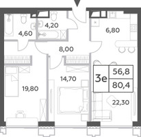 Планировка трехкомнатной(квартира) площадью 80.4 квадратных метров в “ЖК Will Towers (Вилл Тауэрс)”