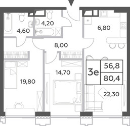 Планировка трехкомнатной(квартира) площадью 80.4 квадратных метров в ЖК “ЖК Will Towers (Вилл Тауэрс)”