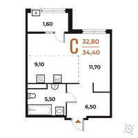 Планировка студии(квартира) площадью 34.4 квадратных метров в “ЖК Новое Летово”