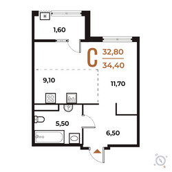 Планировка студии(квартира) площадью 34.4 квадратных метров в ЖК “ЖК Новое Летово”