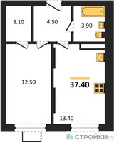 Планировка однокомнатной(квартира) площадью 37.4 квадратных метров в “ЖК Видный берег 2”