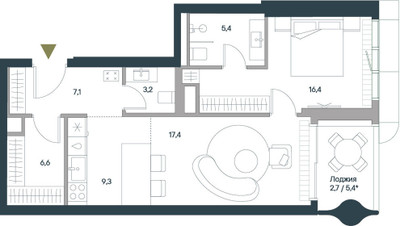 Планировка двухкомнатной(квартира) площадью 68.1 квадратных метров в ЖК “ЖК Springs (Спрингс)”