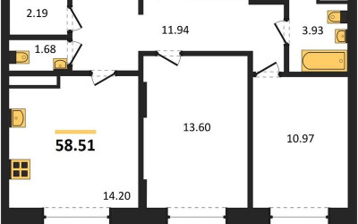 Планировка двухкомнатной(квартира) площадью 58.51 квадратных метров в ЖК “ЖК Новотомилино”