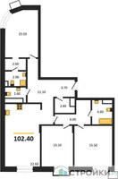 Планировка трехкомнатной(квартира) площадью 102.4 квадратных метров в “ЖК Резиденции Сколково”