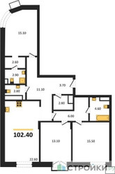 Планировка трехкомнатной(квартира) площадью 102.4 квадратных метров в ЖК “ЖК Резиденции Сколково”