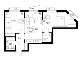 Планировка двухкомнатной(квартира) площадью 61.7 квадратных метров в ЖК “ЖК Ильинские луга”