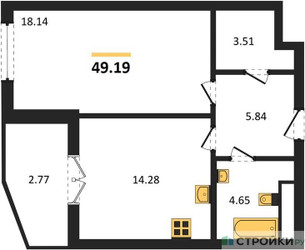 Планировка однокомнатной(квартира) площадью 49.19 квадратных метров в ЖК “ЖК Sezar City (Сезар Сити)”