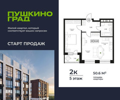 Планировка двухкомнатной(квартира) площадью 50.6 квадратных метров в “ЖК Пушкино Град”