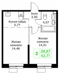 Планировка двухкомнатной(квартира) площадью 42.71 квадратных метров в ЖК “ЖК КИТ 2”