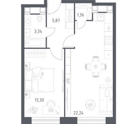 Планировка однокомнатной(апартаменты) площадью 46.11 квадратных метров в ЖК “ЖК Пятницкое 58 (Перец)”