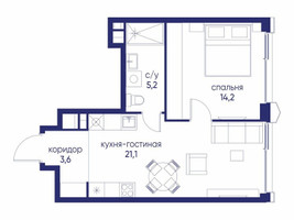 Планировка однокомнатной(квартира) площадью 44.12 квадратных метров в “ЖК Остров”