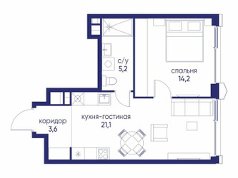 Планировка однокомнатной(квартира) площадью 44.12 квадратных метров в ЖК “ЖК Остров”
