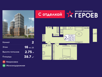 Планировка двухкомнатной(квартира) площадью 38.7 квадратных метров в ЖК “ЖК Героев”