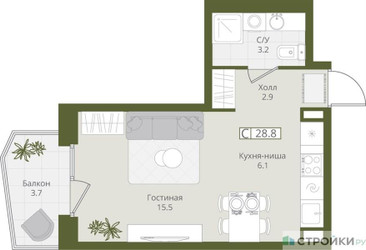 Планировка студии(квартира) площадью 28.8 квадратных метров в ЖК “ЖК "Коллекция"”