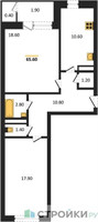 Планировка двухкомнатной(квартира) площадью 65.6 квадратных метров в “ЖК Три квартала”