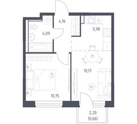 Планировка однокомнатной(квартира) площадью 35.81 квадратных метров в ЖК “ЖК Квартал Ивакино”