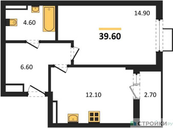 Планировка однокомнатной(квартира) площадью 39.6 квадратных метров в ЖК “ЖК Дзен-кварталы”