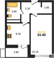 Планировка однокомнатной(квартира) площадью 34.4 квадратных метров в “ЖК Легенда Коренёво”