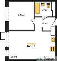 Планировка однокомнатной(квартира) площадью 42.32 квадратных метров в “ЖК Пригород Лесное”