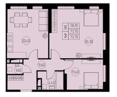Планировка трехкомнатной(квартира) площадью 73.7 квадратных метров в “ЖК 31 КВАРТАЛ”