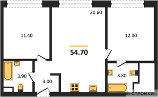 Планировка двухкомнатной(квартира) площадью 55.1 квадратных метров в “ЖК Wave (Вейв)”